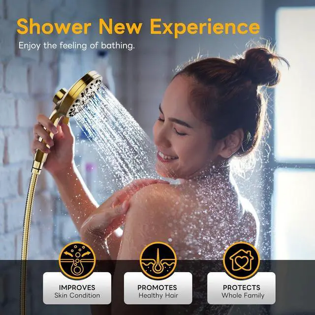 Alt view image 4 of 7 - High Pressure 10 Ways Handheld Shower Head Brushed Gold- Anti-clog Nozzles, Built-in Power Wash to Clean Tub, Wall & Overhead Brackets,Magnetitc Rainfall Shower Wand,Built-in 2 Power Jet