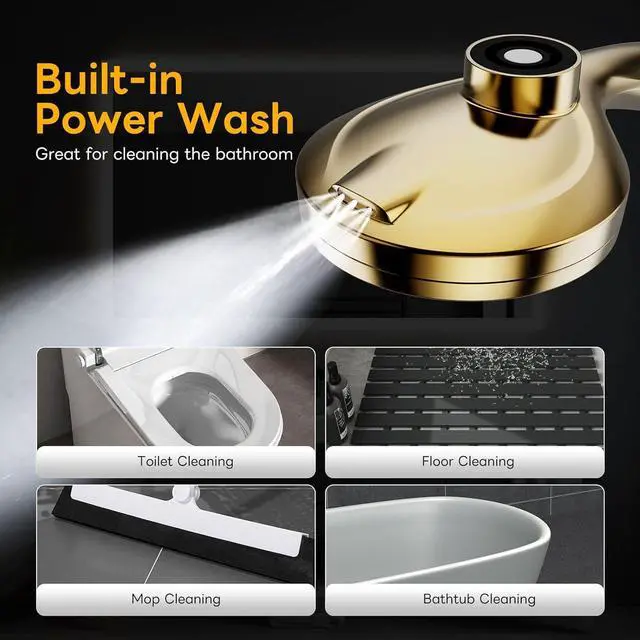 Alt view image 6 of 7 - High Pressure 10 Ways Handheld Shower Head Brushed Gold- Anti-clog Nozzles, Built-in Power Wash to Clean Tub, Wall & Overhead Brackets,Magnetitc Rainfall Shower Wand,Built-in 2 Power Jet