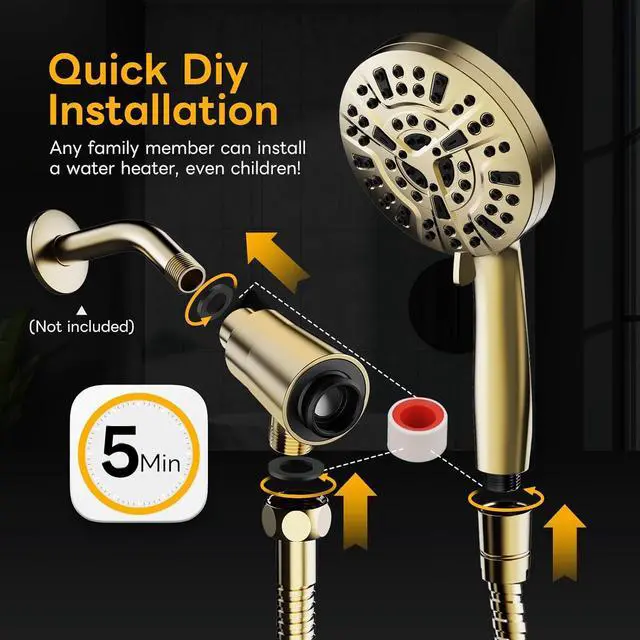 Alt view image 7 of 7 - High Pressure 10 Ways Handheld Shower Head Brushed Gold- Anti-clog Nozzles, Built-in Power Wash to Clean Tub, Wall & Overhead Brackets,Magnetitc Rainfall Shower Wand,Built-in 2 Power Jet