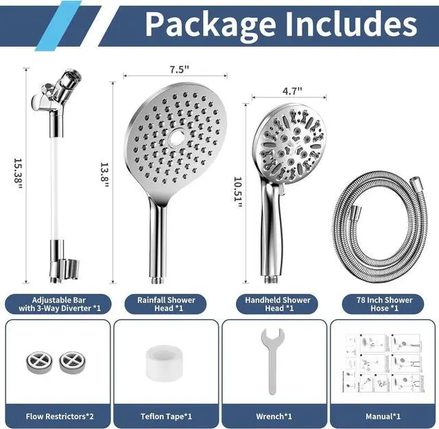 Alt view image 2 of 7 - KAIYING Dual Shower Heads with Handheld Spray Combo, High Pressure Modern Rain Shower Head with 9-Mode Handheld Showerhead, Double Rainfall Shower Head with 79-Inch Stainless Steel Hose (Chrome)
