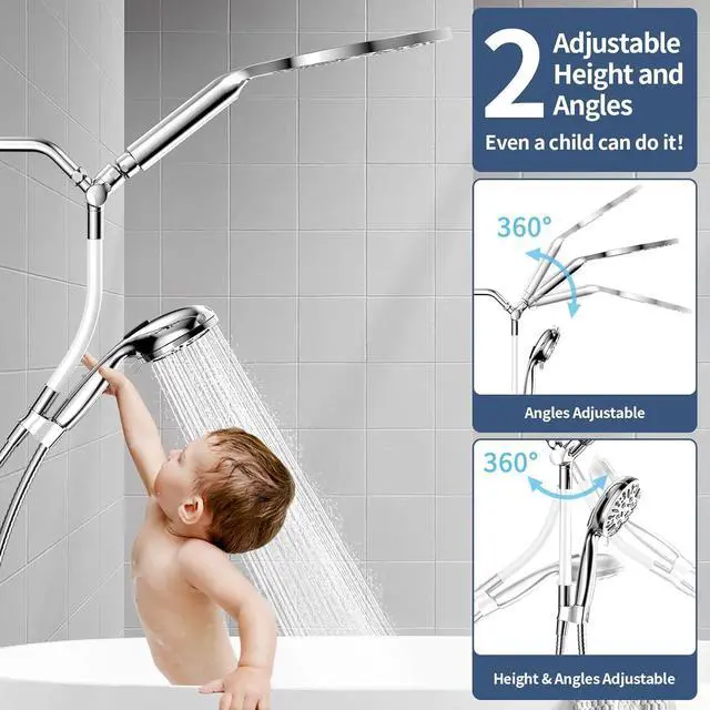 Alt view image 4 of 7 - KAIYING Dual Shower Heads with Handheld Spray Combo, High Pressure Modern Rain Shower Head with 9-Mode Handheld Showerhead, Double Rainfall Shower Head with 79-Inch Stainless Steel Hose (Chrome)
