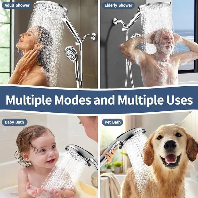 Alt view image 3 of 7 - KAIYING Dual Shower Heads with Handheld Spray Combo, High Pressure Modern Rain Shower Head with 9-Mode Handheld Showerhead, Double Rainfall Shower Head with 79-Inch Stainless Steel Hose (Chrome)