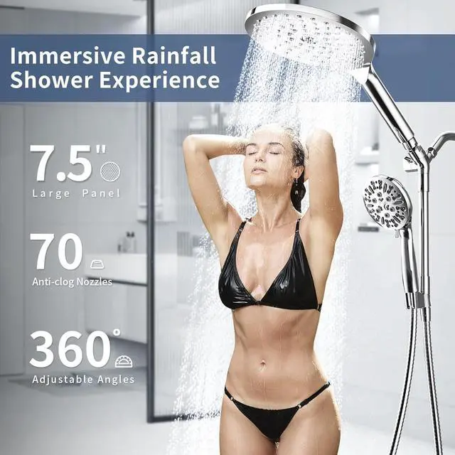 Alt view image 5 of 7 - KAIYING Dual Shower Heads with Handheld Spray Combo, High Pressure Modern Rain Shower Head with 9-Mode Handheld Showerhead, Double Rainfall Shower Head with 79-Inch Stainless Steel Hose (Chrome)