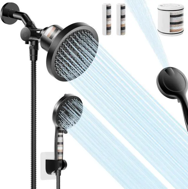 Main image of Filtered Shower Head With Handheld Spray Combo, High Pressure 6" Rain Showerhead & 5" Handheld Dual Shower Head with Filters, Double Shower Heads Set for Hard Water, 69" Shower Hose,Black