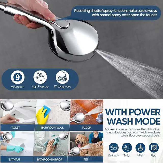 Alt view image 4 of 7 - KINSE High Pressure Shower Head with Hose,9-Mode Handheld Shower Head, 5" Shower Head with 71" Extra Long Shower Hose & Adjustable Bracket,Built-In Power Wash to Clean Tub, Tile & Pets