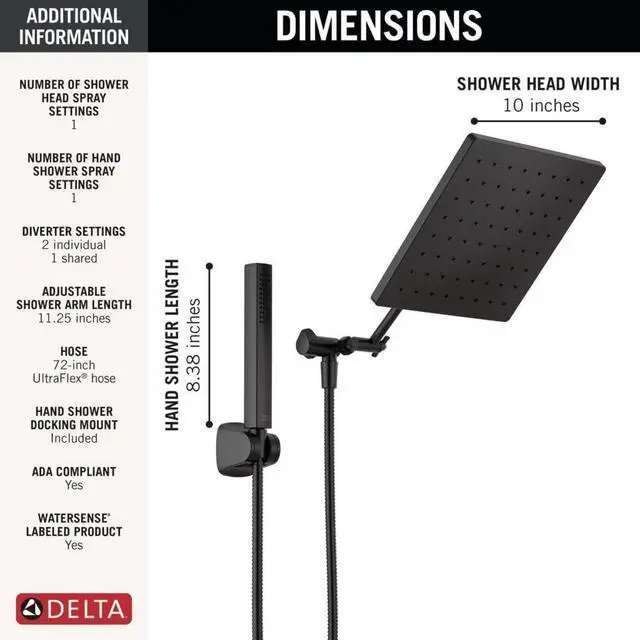 Alt view image 2 of 7 - Delta 75527 Universal Showering 1.75 GPM Single Function Modern Rain Shower Head and Hand Shower Combo with Adjustable Extension Arm and Touch-Clean Nozzles - Matte Black