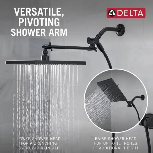 Alt view image 5 of 7 - Delta 75527 Universal Showering 1.75 GPM Single Function Modern Rain Shower Head and Hand Shower Combo with Adjustable Extension Arm and Touch-Clean Nozzles - Matte Black