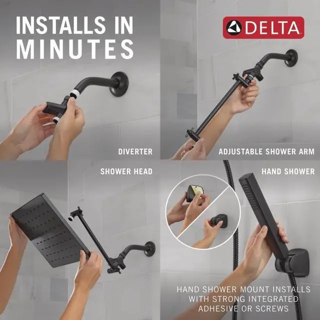 Alt view image 6 of 7 - Delta 75527 Universal Showering 1.75 GPM Single Function Modern Rain Shower Head and Hand Shower Combo with Adjustable Extension Arm and Touch-Clean Nozzles - Matte Black