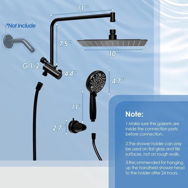 Alt view image 3 of 7 - Alesco 10" Shower Heads with Handheld Spray Combo, 12" Extend Shower Arm with 3-Way Diverter Valve, 7-Setting Handheld Spray and High-Pressure Showerhead, Dual Showerheads Set, Matte Black