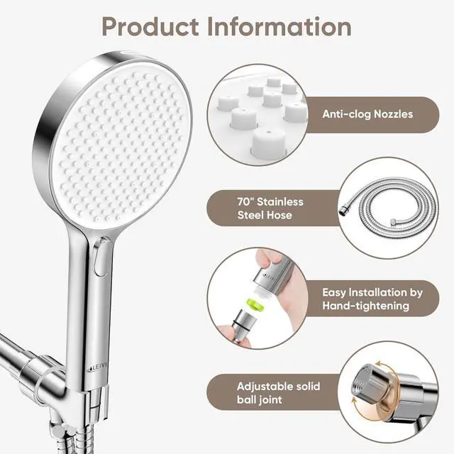 Alt view image 7 of 7 - LEIVI High Pressure Shower Head, 4-mode Handheld Showerheads with 70 Inch Stainless Steel Hose, Built-in Power Wash to Clean Tub, Tile & Pets, Anti-clog Nozzles, Adjustable Bracket, Chrome