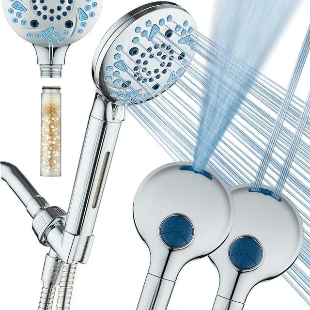 Main image of AquaCare High Pressure 10 Spray Mode Filtered Showerhead - Handheld Shower Head Filters Chlorine to Heal Dry Skin, Revive Hair - Dual Power Wash Cleans Tub, Tile, Pets - Hard Water Softener, Chrome