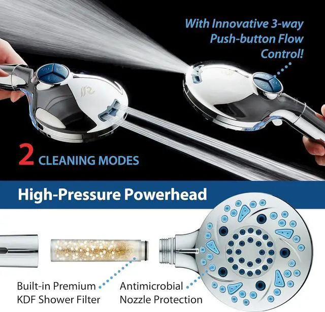 Alt view image 5 of 7 - AquaCare High Pressure 10 Spray Mode Filtered Showerhead - Handheld Shower Head Filters Chlorine to Heal Dry Skin, Revive Hair - Dual Power Wash Cleans Tub, Tile, Pets - Hard Water Softener, Chrome