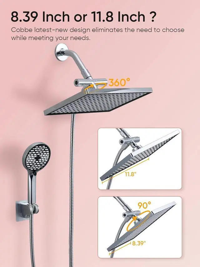 Alt view image 6 of 7 - Cobbe 11.8 Inch Rain Shower Head with Handheld - Adjustable Dual Shower Heads with 6 Modes Handheld Spray Combo - Wide Rainfall Showerhead with Hose, Bathroom Accessories - Chrome