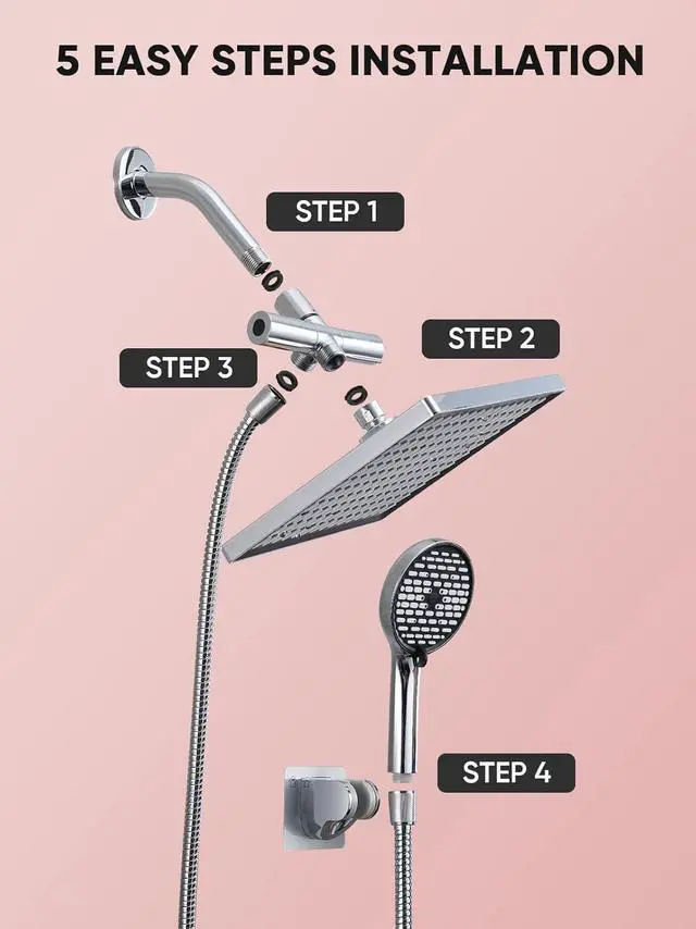 Alt view image 7 of 7 - Cobbe 11.8 Inch Rain Shower Head with Handheld - Adjustable Dual Shower Heads with 6 Modes Handheld Spray Combo - Wide Rainfall Showerhead with Hose, Bathroom Accessories - Chrome