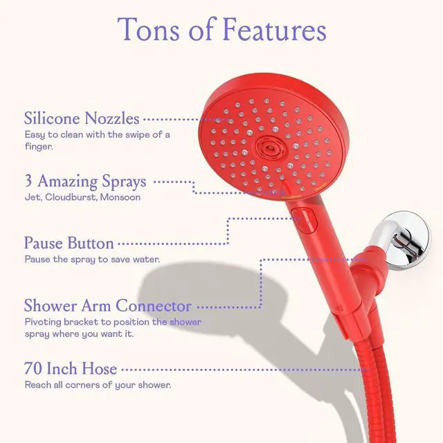 Alt view image 4 of 7 - Sproos - Handheld Shower Head, High Pressure, 3 Spray Functions Plus Pause, Extra Long 70 Inch Hose - Eco-friendly Materials - Easy DIY Installation - High Pressure Performance - Green