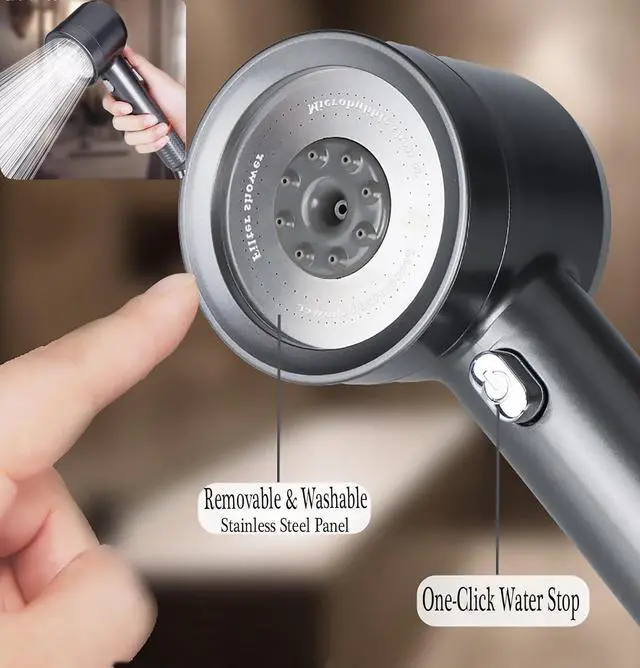 Alt view image 5 of 7 - High Pressure Shower Head with Handheld, with Pause Switch 4 Spray Modes Water Saving Filter Showerhead, Showerhead Set with Hose, Bracket and Cotton Filter, Make Bathing Healthier (Grey)