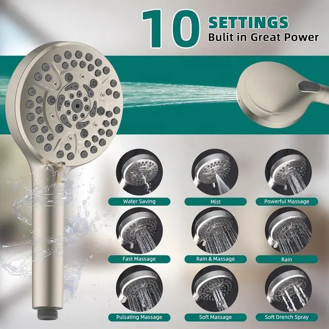 Alt view image 3 of 6 - Hygie Rinse 10" All Metal Shower Head Combo, High Pressure 10-Spray Handheld Showerhead Rainfall Shower Head, 71" Long Hose, 3-Way Diverter Valve, Brushed Nickel
