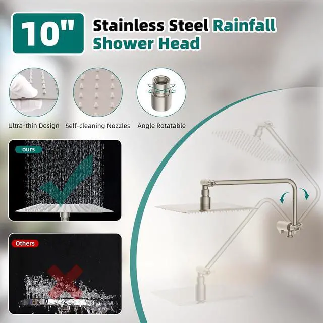 Alt view image 4 of 6 - Hygie Rinse 10" All Metal Shower Head Combo, High Pressure 10-Spray Handheld Showerhead Rainfall Shower Head, 71" Long Hose, 3-Way Diverter Valve, Brushed Nickel