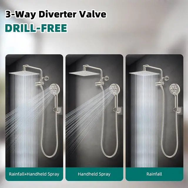 Alt view image 5 of 6 - Hygie Rinse 10" All Metal Shower Head Combo, High Pressure 10-Spray Handheld Showerhead Rainfall Shower Head, 71" Long Hose, 3-Way Diverter Valve, Brushed Nickel