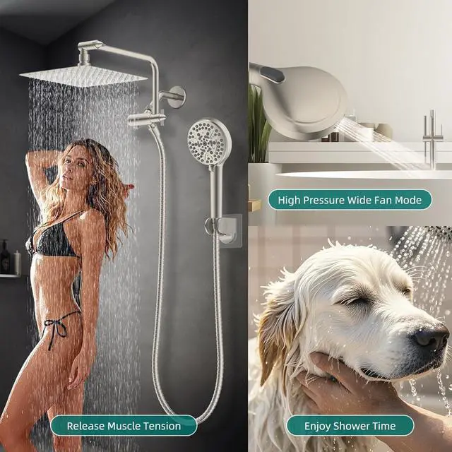 Alt view image 6 of 6 - Hygie Rinse 10" All Metal Shower Head Combo, High Pressure 10-Spray Handheld Showerhead Rainfall Shower Head, 71" Long Hose, 3-Way Diverter Valve, Brushed Nickel