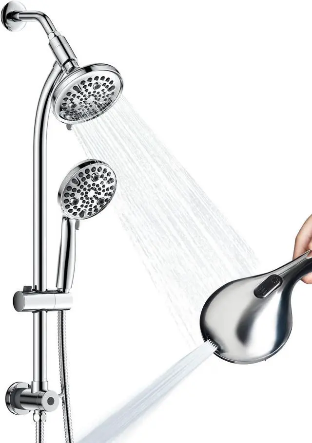 Main image of High Pressure Handheld/Rain 82-mode 3-way Shower Head Combo with 25.75" Adjustable Drill-free Stainless Steel Slide Bar, Pet & Tub Power Wash and Anti-clog Nozzles, with 5ft Hose - Polished Chrome