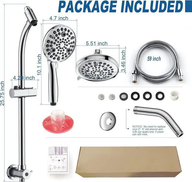 Alt view image 2 of 7 - High Pressure Handheld/Rain 82-mode 3-way Shower Head Combo with 25.75" Adjustable Drill-free Stainless Steel Slide Bar, Pet & Tub Power Wash and Anti-clog Nozzles, with 5ft Hose - Polished Chrome