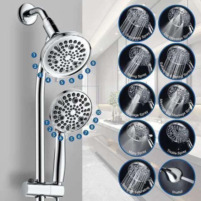 Alt view image 3 of 7 - High Pressure Handheld/Rain 82-mode 3-way Shower Head Combo with 25.75" Adjustable Drill-free Stainless Steel Slide Bar, Pet & Tub Power Wash and Anti-clog Nozzles, with 5ft Hose - Polished Chrome