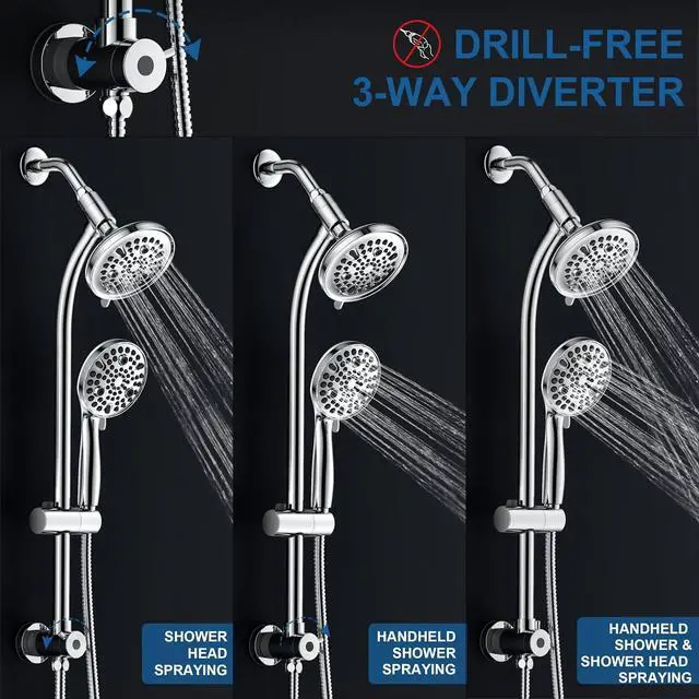 Alt view image 5 of 7 - High Pressure Handheld/Rain 82-mode 3-way Shower Head Combo with 25.75" Adjustable Drill-free Stainless Steel Slide Bar, Pet & Tub Power Wash and Anti-clog Nozzles, with 5ft Hose - Polished Chrome