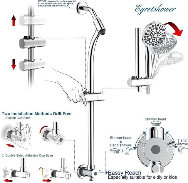 Alt view image 6 of 7 - High Pressure Handheld/Rain 82-mode 3-way Shower Head Combo with 25.75" Adjustable Drill-free Stainless Steel Slide Bar, Pet & Tub Power Wash and Anti-clog Nozzles, with 5ft Hose - Polished Chrome