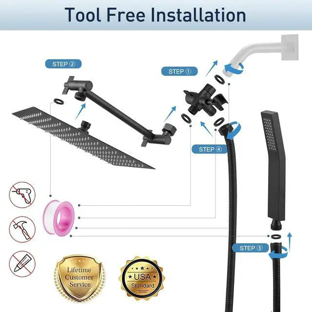 Alt view image 2 of 7 - 10 Inch (All Metal) Rain Shower Head With Handheld, High Pressure Dual Shower Head Combo With Adjustable Extension Arm, 60" Flexible Hose, 3-Way Diverter - Height/Angle Adjustable(Matte Black)