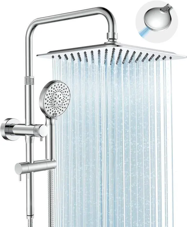 Main image of All Metal Rainfall Shower Heads with Handheld Combo - 10 Inch High Pressure Rain Shower Head, 9 Modes Handheld Shower Head with Height Adjustable Shower Extension Arm and Slide Bar - Chrome