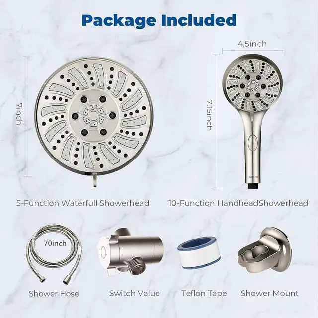 Alt view image 7 of 7 - Watersong Shower Heads with Handheld Spray Combo 6-Setting Showerhead with Handheld and 5-Setting Rainfall Spray High Pressure Sprayer with 70 Stainless Long Hose Brushed Nickel