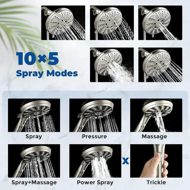 Alt view image 2 of 7 - Watersong Shower Heads with Handheld Spray Combo 6-Setting Showerhead with Handheld and 5-Setting Rainfall Spray High Pressure Sprayer with 70 Stainless Long Hose Brushed Nickel