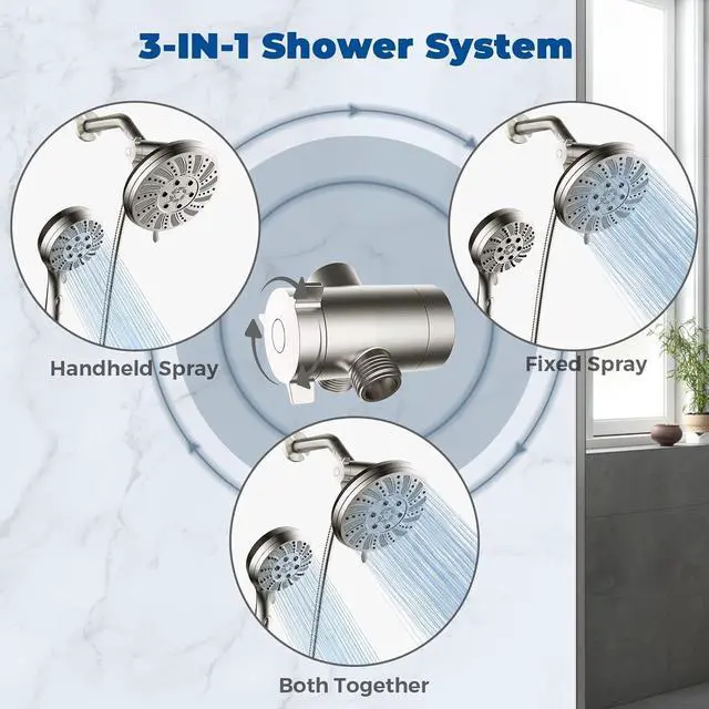 Alt view image 3 of 7 - Watersong Shower Heads with Handheld Spray Combo 6-Setting Showerhead with Handheld and 5-Setting Rainfall Spray High Pressure Sprayer with 70 Stainless Long Hose Brushed Nickel