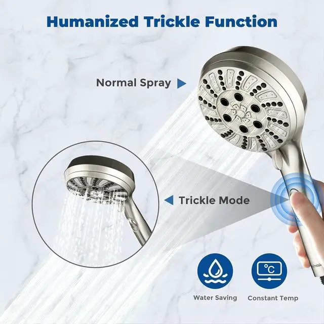 Alt view image 5 of 7 - Watersong Shower Heads with Handheld Spray Combo 6-Setting Showerhead with Handheld and 5-Setting Rainfall Spray High Pressure Sprayer with 70 Stainless Long Hose Brushed Nickel