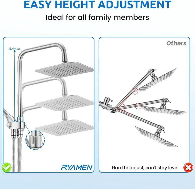 Alt view image 2 of 7 - 8" Dual Shower Head Combo, Rainfall Shower Head with Handheld, 6 Spray Settings Angle Adjustable Handheld Shower Head with Pause, Height Adjustable, Chrome Silver