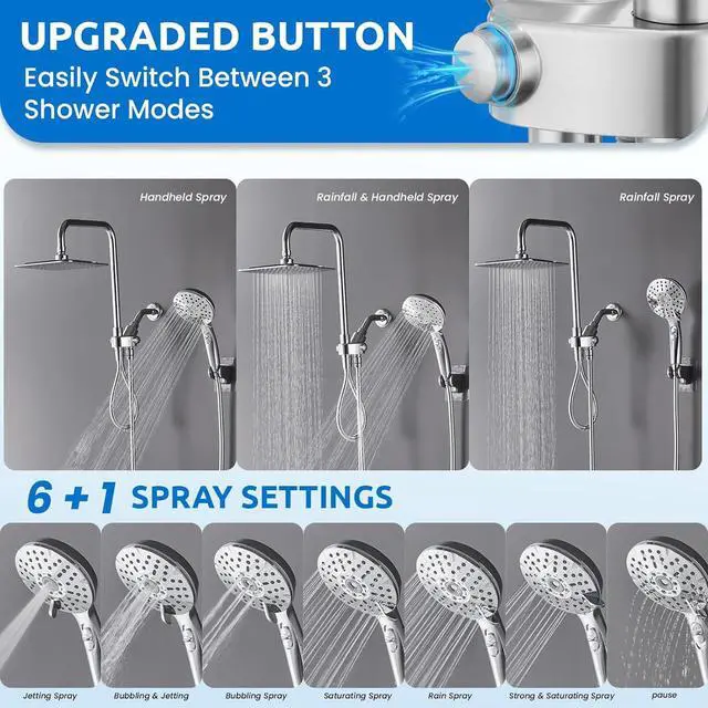Alt view image 3 of 7 - 8" Dual Shower Head Combo, Rainfall Shower Head with Handheld, 6 Spray Settings Angle Adjustable Handheld Shower Head with Pause, Height Adjustable, Chrome Silver