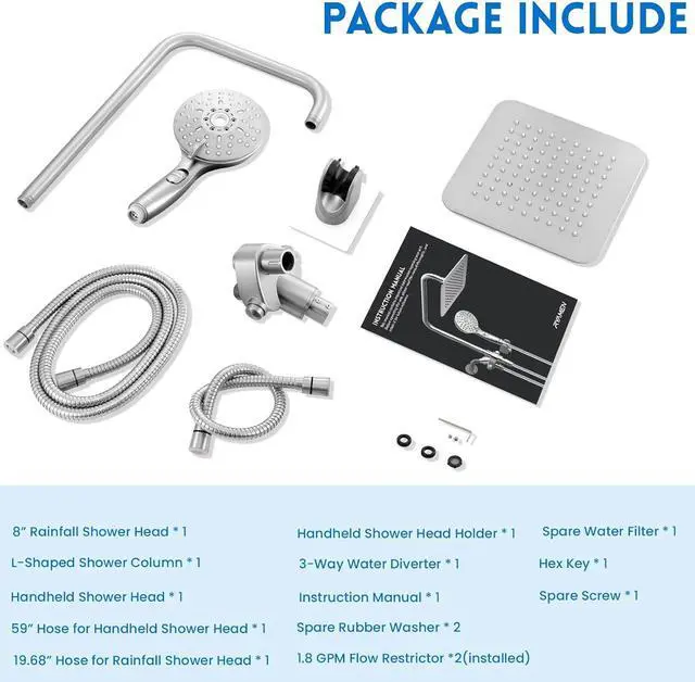 Alt view image 7 of 7 - 8" Dual Shower Head Combo, Rainfall Shower Head with Handheld, 6 Spray Settings Angle Adjustable Handheld Shower Head with Pause, Height Adjustable, Chrome Silver