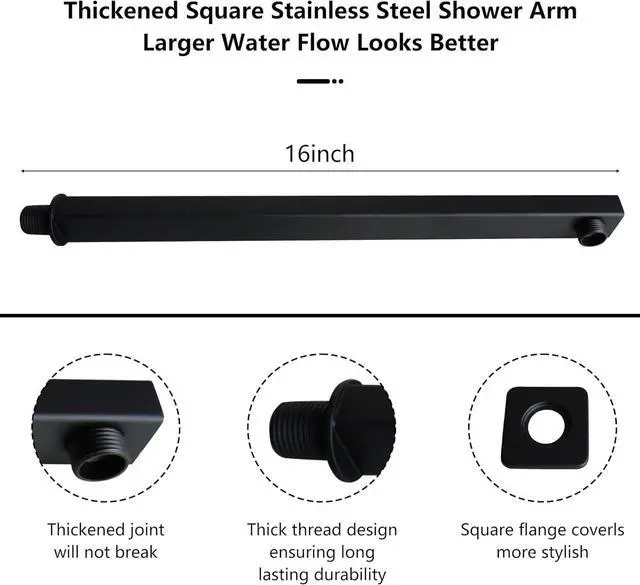 Alt view image 3 of 7 - Rain Shower Head Black with Extension Arm 12 Inch Square Shower Head with 16 Inch Shower Arm Large Stainless Steel Rainfall Showerhead Matte Black Waterfall Full Body Coverage by GGStudy