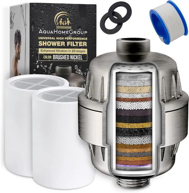 Main image of AquaHomeGroup 20 Stage Shower Head Filter with Vitamin C E A for Hard Water - High Output Filter to Remove Chlorine and Fluoride - 2 Replacement Cartridges - Consistent Flow Showerhead Filter