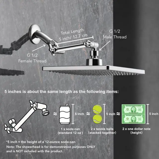 Alt view image 3 of 7 - 5 Inch Adjustable Shower Head Extension Arm With Locking Set Screw, Singing Rain Brass Chrome Angle Height Adjustable, Easy To Install, G1/2 Universal Connector Compatible (Chrome Finish)