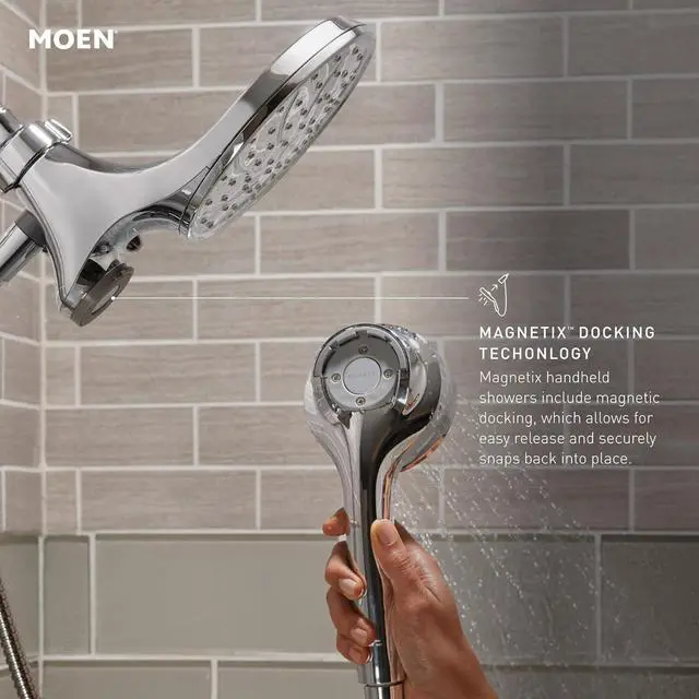 Alt view image 3 of 7 - Moen Engage Chrome Magnetix Six-Function 5.5-Inch Handheld Showerhead with Magnetic Docking System, 3662EP