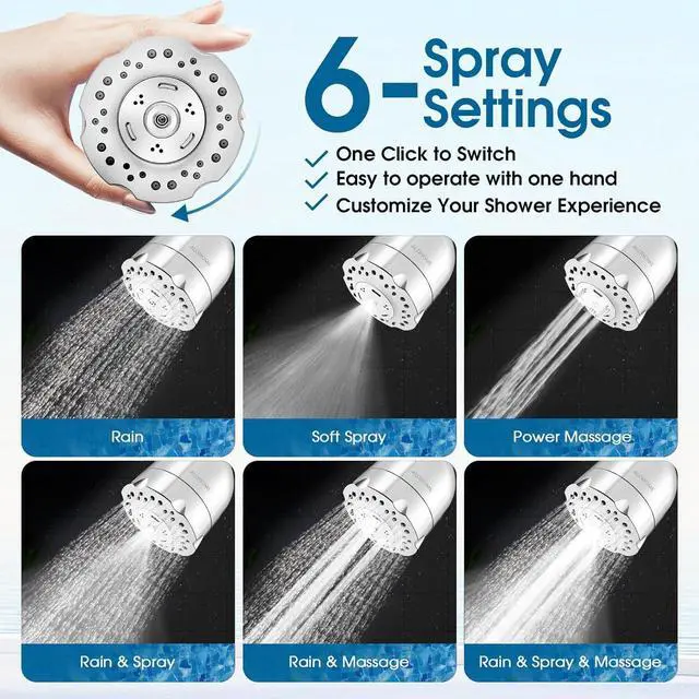 Alt view image 2 of 7 - High Pressure Boosting Shower Head, ALOHOME 6 Powerful Spray Settings - Perfect for Low Water Pressure Homes, 3.6" Luxury Modern Chrome Finished Shower Head with 360° Adjustable Brass Ball Joint