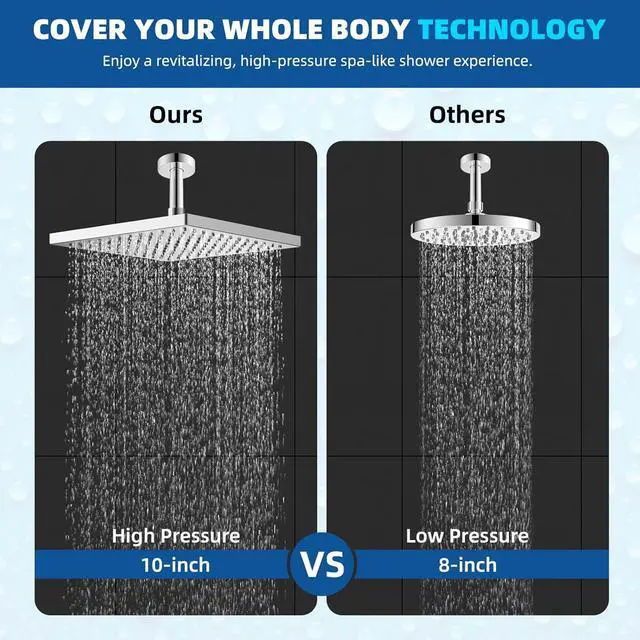 Alt view image 4 of 7 - Hibbent Thickness Metal Rain Shower Head, 10 Inch High Pressure Rainfall Shower Head, Square Large Bathroom Waterfall Shower Heads, High Flow Fixed Showerheads with Adjustable Brass Ball Joint, Chrome