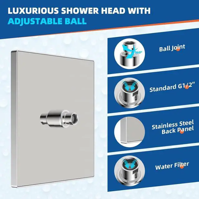 Alt view image 5 of 7 - Hibbent Thickness Metal Rain Shower Head, 10 Inch High Pressure Rainfall Shower Head, Square Large Bathroom Waterfall Shower Heads, High Flow Fixed Showerheads with Adjustable Brass Ball Joint, Chrome