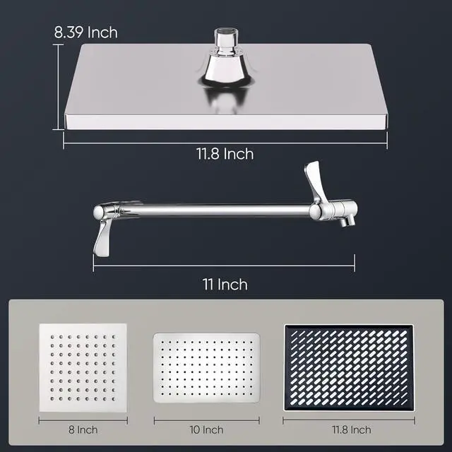 Alt view image 2 of 7 - Cobbe Rainfall Shower Head for Bathroom, 11.8 Inch Large Rectangular with Adjustable Stainless Steel 11 Inch Extension Arm - Premium Quality Luxury Experience, 1-Min No Tools Installation, Chrome