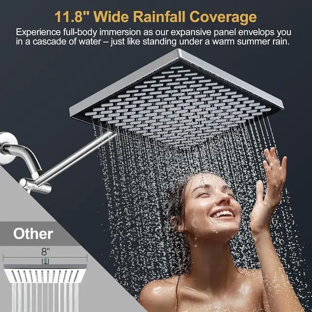 Alt view image 5 of 7 - Cobbe Rainfall Shower Head for Bathroom, 11.8 Inch Large Rectangular with Adjustable Stainless Steel 11 Inch Extension Arm - Premium Quality Luxury Experience, 1-Min No Tools Installation, Chrome