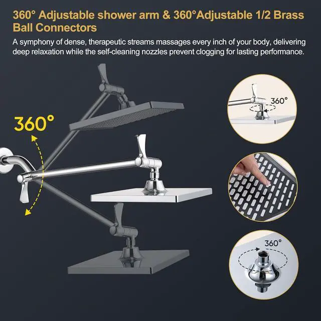 Alt view image 7 of 7 - Cobbe Rainfall Shower Head for Bathroom, 11.8 Inch Large Rectangular with Adjustable Stainless Steel 11 Inch Extension Arm - Premium Quality Luxury Experience, 1-Min No Tools Installation, Chrome