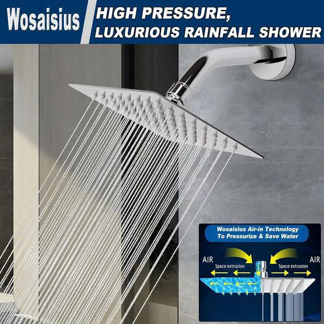 Alt view image 2 of 7 - High Pressure 6'' Rainfall Shower Head with Handheld Combo, Wosaisius All Metal Waterfall Showerhead, Dual Shower Head with 78" Shower Hose, 3-Way Diverter, Adhesive Shower Holder, Chrome