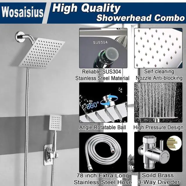 Alt view image 4 of 7 - High Pressure 6'' Rainfall Shower Head with Handheld Combo, Wosaisius All Metal Waterfall Showerhead, Dual Shower Head with 78" Shower Hose, 3-Way Diverter, Adhesive Shower Holder, Chrome